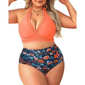 Tempt Me Women Plus Size Bikini High Waisted Swimsuits Mesh Tummy Control Two Piece Bathing Suit(Orange Floral)