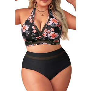 Tempt Me Women Plus Size Bikini High Waisted Swimsuits Mesh Tummy Control Two Piece Bathing Suit(Pink Floral)