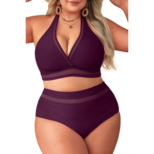 Tempt Me Women Plus Size Bikini High Waisted Swimsuits Mesh Tummy Control Two Piece Bathing Suit(Purple)