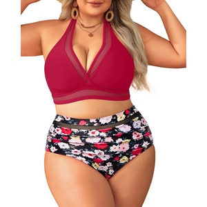 Tempt Me Women Plus Size Bikini High Waisted Swimsuits Mesh Tummy Control Two Piece Bathing Suit(Red and Floral)