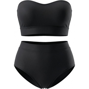 Tempt Me Women Plus Size High Waisted Bikini Bandeau Two Piece Swimsuit(Black)
