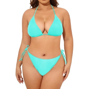 Tempt Me Women Plus Size Sexy Bikini Set String Two Piece Bathing Suit Halter Tie Side Swimsuit(Aqua)