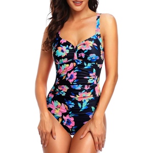 Tempt Me Women Ruched Slimming One Piece Swimsuits Tummy Control Vintage Bathing Suits(Black Colorful Floral)