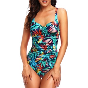 Tempt Me Women Ruched Slimming One Piece Swimsuits Tummy Control Vintage Bathing Suits(Colorful Leaves)