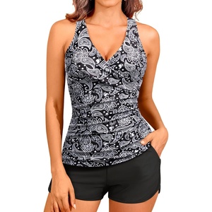 Women Tankini Swimsuits with Shorts – Two Piece Tummy Control Bathing Suits Top with Two Pockets Bottom Swimwear(Black Paisley)