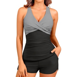 Women Tankini Swimsuits with Shorts – Two Piece Tummy Control Bathing Suits Top with Two Pockets Bottom Swimwear(Black Stripe)