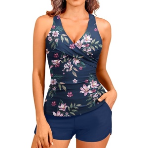 Women Tankini Swimsuits with Shorts – Two Piece Tummy Control Bathing Suits Top with Two Pockets Bottom Swimwear(Blue Floral)