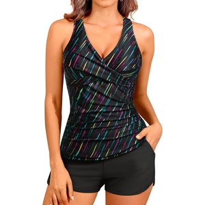 Women Tankini Swimsuits with Shorts – Two Piece Tummy Control Bathing Suits Top with Two Pockets Bottom Swimwear(Colorful Striped)