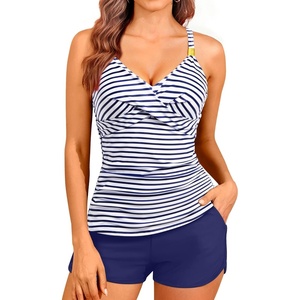 Women Tankini Swimsuits with Shorts – Two Piece Tummy Control Bathing Suits Top with Two Pockets Bottom Swimwear(Navy Striped)