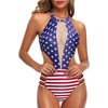 Tempt Me Women One Piece Sexy Mesh Swimsuit American Flag High Neck Cutout Monokini L