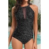 Tempt Me Women One Piece Swimsuit High Neck Plunge Ruched Tummy Control Bathing Suit(Black Dot)