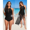 Tempt Me Women One Piece Swimsuit High Neck Plunge Ruched Tummy Control Bathing Suit(Black With Sarong Set)