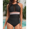 Tempt Me Women One Piece Swimsuit High Neck Plunge Ruched Tummy Control Bathing Suit(Black-color Block Trim)