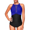 Tempt Me Women One Piece Swimsuit High Neck Plunge Ruched Tummy Control Bathing Suit(Blue Black)