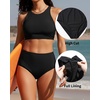 Tempt Me Womens High Cut High Waisted Bikini Bottoms Tummy Control Bathing Suit Bottoms Swim Bottom Swimsuit Bottom(Black)