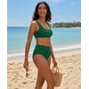 Tempt Me Womens High Cut High Waisted Bikini Bottoms Tummy Control Bathing Suit Bottoms Swim Bottom Swimsuit Bottom(Green 1)