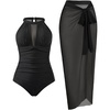 Tempt Me Women One Piece Swimsuit High Neck Plunge Ruched Tummy Control Bathing Suit(Black With Sarong Set)