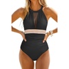 Tempt Me Women One Piece Swimsuit High Neck Plunge Ruched Tummy Control Bathing Suit(Black-color Block Trim)