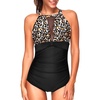 Tempt Me Women One Piece Swimsuit High Neck Plunge Ruched Tummy Control Bathing Suit(Blue Leopard)
