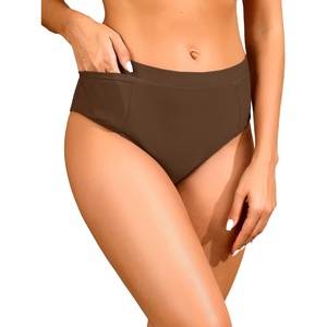 Tempt Me Mid Waist Bikini Bottoms-Full Coverage Bathing Suit Bottom with Pockets(Brown)