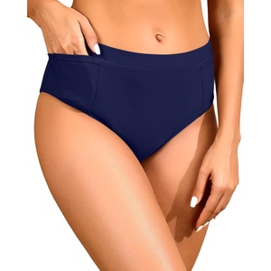 Tempt Me Mid Waist Bikini Bottoms-Full Coverage Bathing Suit Bottom with Pockets(Navy Blue)