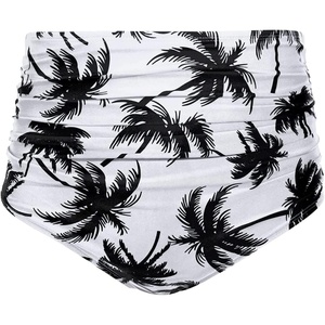 Tempt Me Women High Waisted Bikini Bottom Retro Ruched Swim Bottom Shirred Tankinis Brief(White Palm Tree)