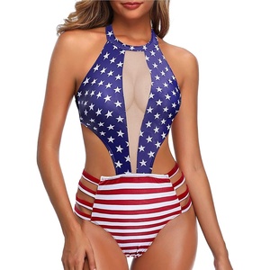 Tempt Me Women One Piece Sexy Mesh Swimsuit American Flag High Neck Cutout Monokini L