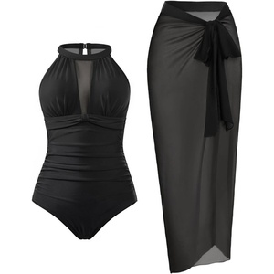 Tempt Me Women One Piece Swimsuit High Neck Plunge Ruched Tummy Control Bathing Suit(Black With Sarong Set)