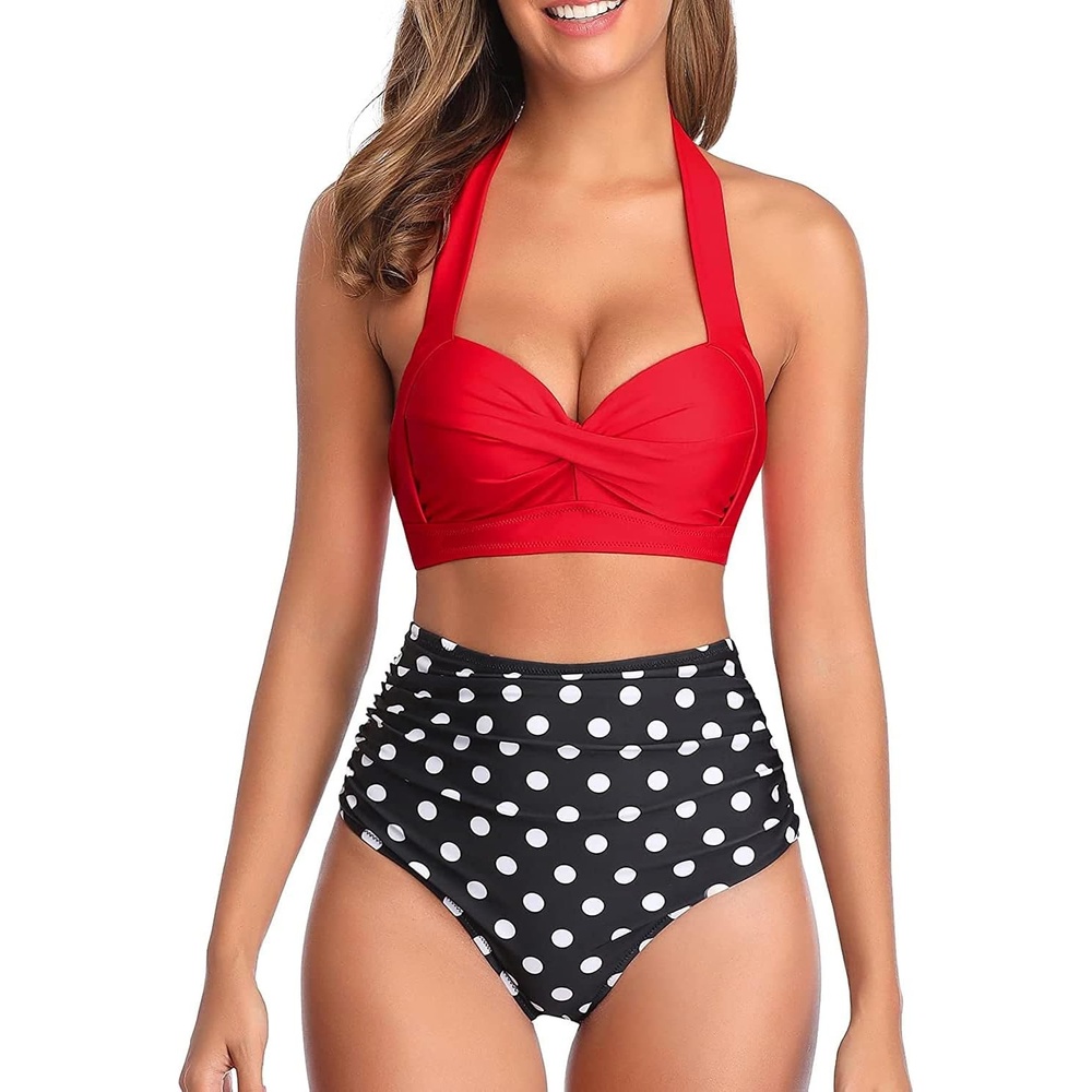 image:imageTempt Me Women Two Piece Swimsuit High Waisted Bikini Halter Vintage Retro Bathing Suit Push up SwimwearRedBlack Dot