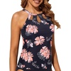 Tempt Me High Neck Tankini Top Backless Bathing Suit for Women Key Hole Swimsuit Swim Top Only(Black Floral)