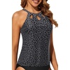 Tempt Me High Neck Tankini Top Backless Bathing Suit for Women Key Hole Swimsuit Swim Top Only(Black Leopard)