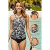 Tempt Me High Neck Tankini Top Backless Bathing Suit for Women Key Hole Swimsuit Swim Top Only(Black White Floral)