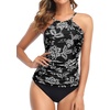 Tempt Me Two Piece Tankini Set Tummy Control Swimsuit for Women High Neck Top with Bottom Bathing Suits Ruched Swimwear(Black White Floral)