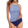 Tempt Me Two Piece Tankini Set Tummy Control Swimsuit for Women High Neck Top with Bottom Bathing Suits Ruched Swimwear(Blue Stripe)