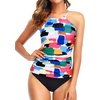 Tempt Me Two Piece Tankini Set Tummy Control Swimsuit for Women High Neck Top with Bottom Bathing Suits Ruched Swimwear(Multicolor Color Block)