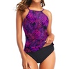 Tempt Me Two Piece Tankini Set Tummy Control Swimsuit for Women High Neck Top with Bottom Bathing Suits Ruched Swimwear(Purple Floral)