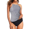 Tempt Me Two Piece Tankini Set Tummy Control Swimsuit for Women High Neck Top with Bottom Bathing Suits Ruched Swimwear(White Stripe)