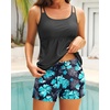 Tempt Me Two Piece Tankini Swimsuits for Women Tummy Control Bathing Suit with Shorts Athletic Two Side Pockets Swimwear(Black Blue Flower)