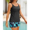 Tempt Me Two Piece Tankini Swimsuits for Women Tummy Control Bathing Suit with Shorts Athletic Two Side Pockets Swimwear(Black Blue Flower)