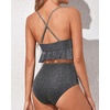 Tempt Me Women High Waisted Ruffle Bikini Set Two Piece Swimsuits Flounce Tummy Control Bathing Suit(Black-shiny Fabric)