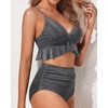 Tempt Me Women High Waisted Ruffle Bikini Set Two Piece Swimsuits Flounce Tummy Control Bathing Suit(Black-shiny Fabric)