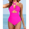 Tempt Me Women Sexy Cutout One Piece Swimsuits Tummy Control High Waisted Halter Front Tie Knot Bathing Suit(Pink 3)