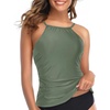 Tempt Me Women Tankini Top Only High Neck Bathing Suit Top Tummy Control Ruched Swimsuit Without Bottom(Army Green)