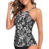 Tempt Me Women Tankini Top Only High Neck Bathing Suit Top Tummy Control Ruched Swimsuit Without Bottom(Black Floral)