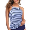 Tempt Me Women Tankini Top Only High Neck Bathing Suit Top Tummy Control Ruched Swimsuit Without Bottom(Blue Stripe)