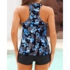 Tempt Me Women Two Piece Tankini Swimsuit Racerback Bathing Suits Tops with Shorts High Waisted(Black Blue Paisley)