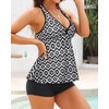 Tempt Me Women Two Piece Tankini Swimsuit Racerback Bathing Suits Tops with Shorts High Waisted(Black Geometric)