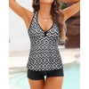 Tempt Me Women Two Piece Tankini Swimsuit Racerback Bathing Suits Tops with Shorts High Waisted(Black Geometric)