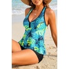 Tempt Me Women Two Piece Tankini Swimsuit Racerback Bathing Suits Tops with Shorts High Waisted(Blue Leaf)