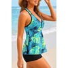 Tempt Me Women Two Piece Tankini Swimsuit Racerback Bathing Suits Tops with Shorts High Waisted(Blue Leaf)